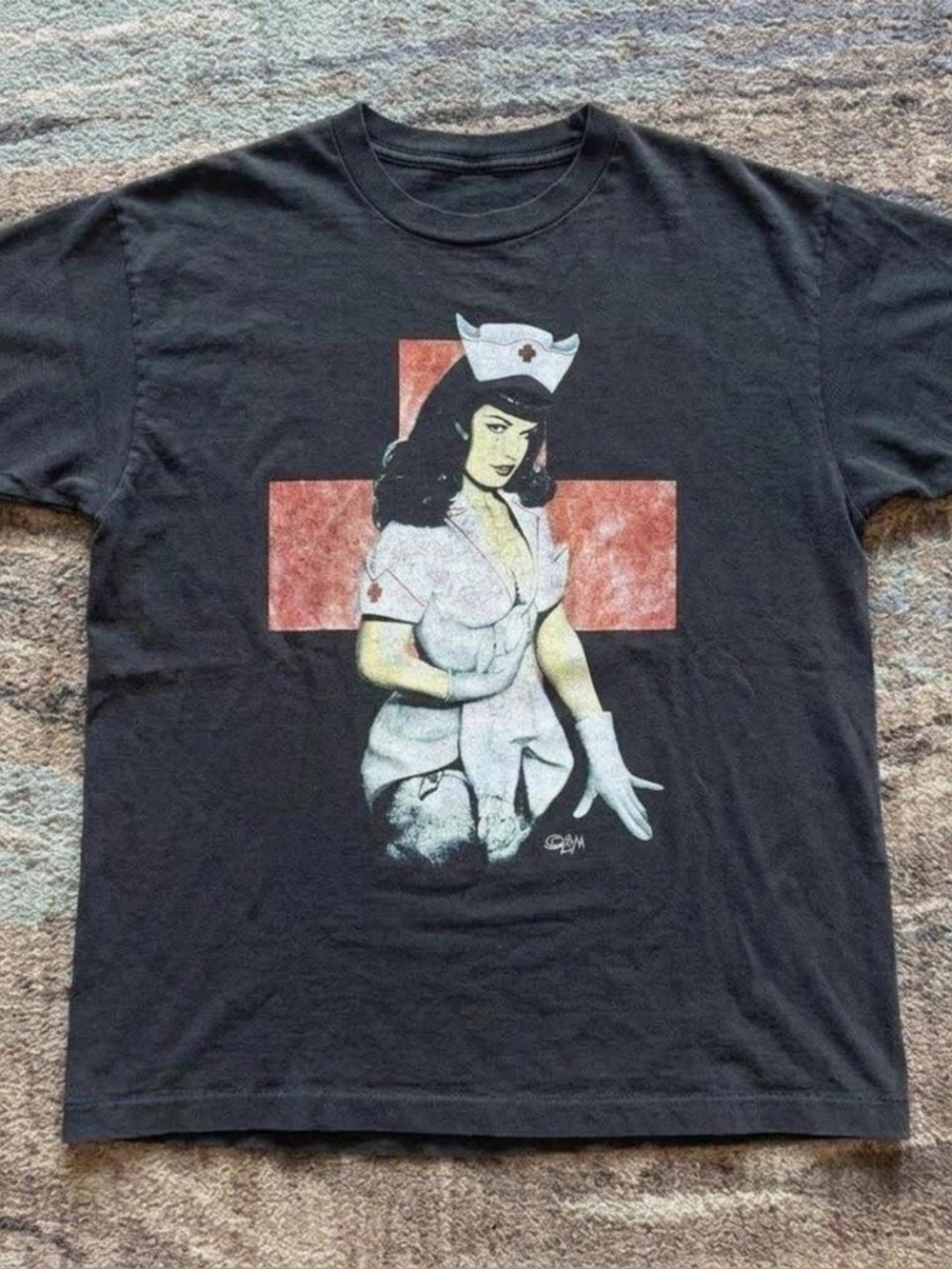 Gildan Black Tee with Nurse Pin-Up Graphic and Red Cross